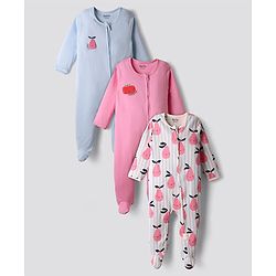 Bonfino 100% Cotton Knit Full Sleeves Front Open Footed Night Suits with Fruit Print & Stripes Pack of 3 - Ivory Light Blue & Pink