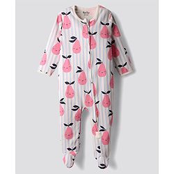 Bonfino 100% Cotton Knit Full Sleeves Front Open Footed Night Suits with Fruit Print & Stripes Pack of 3 - Ivory Light Blue & Pink