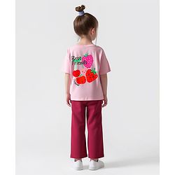 Bonfino 100% Cotton Knit Full Sleeves Oversized T-Shirt & Wide Leg Leggings Set With Cherry Print - Light Pink & Red