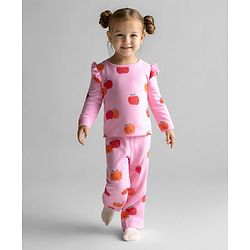 Bonfino 100% Cotton Knit Full Sleeves Co-ords  T-Shirt & Wideleg Leggings Set with Pumpkin Print - Pink
