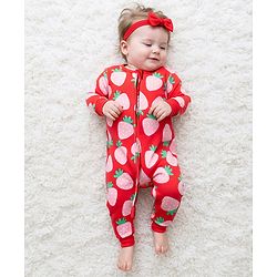 Bonfino 100% Cotton Full Sleeves Fruits Printed Romper - Red