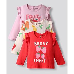 Bonfino 100% Cotton Knit Full Sleeves T-Shirt with Tropical Print with Frill Detailing Pack of 3 - Pink Red & Ivory