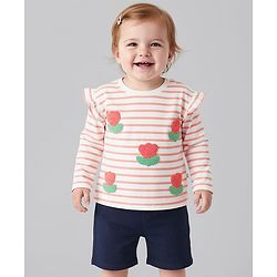 Bonfino 100% Cotton Knit Full Sleeves T-Shirt with Frill Detailing Stripes & Floral Print - White