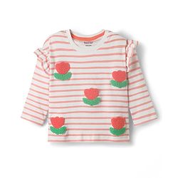 Bonfino 100% Cotton Knit Full Sleeves T-Shirt with Frill Detailing Stripes & Floral Print - White