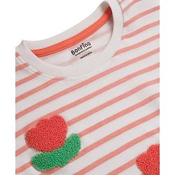 Bonfino 100% Cotton Knit Full Sleeves T-Shirt with Frill Detailing Stripes & Floral Print - White