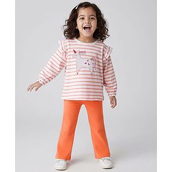 Bonfino 100% Cotton Knit Full Sleeves Striped Oversized T-Shirt & Legging Set with Unicorn Patch - White & Orange