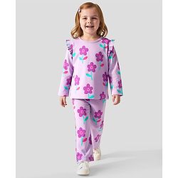 Bonfino 100% Cotton Knit Full Sleeves Oversized T-Shirt & Widelegged Leggings Co-Ord Set with Floral Print - Lilac