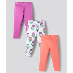 Bonfino 100% Cotton Knit Full Length Leggings with Floral Print Pack of 3 - White Pink & Peach