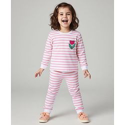 Bonfino 100% Cotton Knit Full Sleeves Night Suit With Floral Print - White & Pink