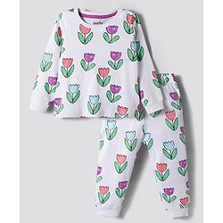 Bonfino 100% Cotton Knit Full Sleeves Co-ords Night Suit With Floral Print - White