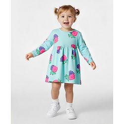 Bonfino 100% Cotton Knit Full Sleeves Dress With Floral Print - Light Blue