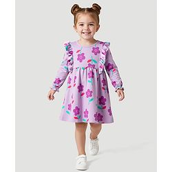 Bonfino 100% Cotton Knit Full Sleeves  Dress with Floral Print & Frill Detailing - Lilac