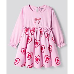 Bonfino 100% Cotton Knit Full Sleeves Frock with Heart & Bow Print & Frill Detailing - Light Pink