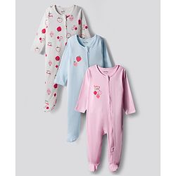 Bonfino 100% Cotton Knit Full Sleeves Strawberry Printed Sleepsuits Pack of 3 - White Light Blue & Light Pink