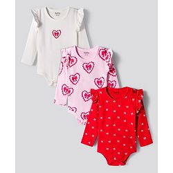 Bonfino 100% Cotton Knit Full Sleeves Bow & Heart Printed Onesies Pack of 3 - Light Pink White & Red