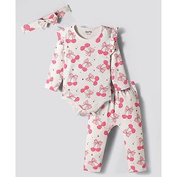 Bonfino 100% Cotton Full Sleeves Bow Printed Onesies With Diaper Leggings & Head Band - White