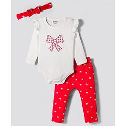Bonfino 100% Cotton Full Sleeves Bow Printed Onesies With Leggings & Headband - Red & White