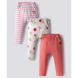 Bonfino 100% Cotton Knit Full Length Diaper Leggings with Stripes & Fruits Print Pack of 3 - White Pink & White