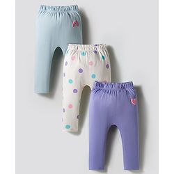 Bonfino 100% Cotton Knit Full Length Diaper Leggings with Polka Dots & Heart Print Pack of 3 - White Lavender & Light Blue