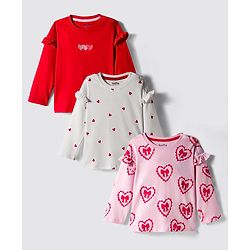 Bonfino 100% Cotton Knit Full Sleeves T-Shirts with Frill Detailing Heart Print & Embroidery Pack of 3 - Light Pink Red & White