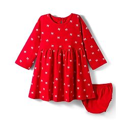 Bonfino 100% Cotton Knit Full Sleeves Frock With Bow Print & Bloomer - Red