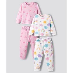 Bonfino 100% Cotton Knit Full Sleeves Co-ords Night Suit With Rainbow Print Pack Of 2 - Pink & White