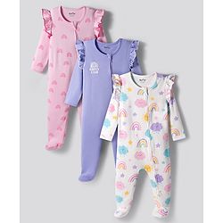 Bonfino 100% Cotton Knit Footed Sleepsuits With Rainbow Print Pack Of 3 - White Purple & Pink