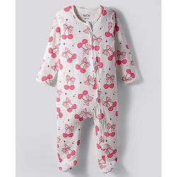 Bonfino 100% Cotton Knit Full Sleeves Front Open Footed Sleep Suit with Bow & Cherry Print - White