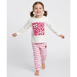 Bonfino 100% Cotton Knit Full Sleeves Night Suit With Heart Print - White & Pink