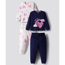 Bonfino 100% Cotton Knit Full Sleeves Night Suit With Heart Print Pack Of 2 - Navy Blue & White