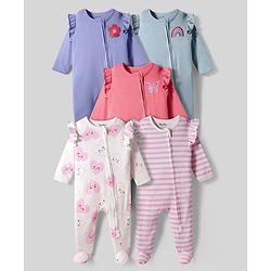 Bonfino 100% Cotton Knit Full Sleeves Footed Sleepsuits With Stripes & Heart Print Pack Of 5 - Multicolour