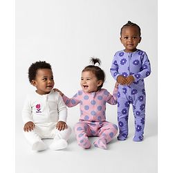 Bonfino 100% Cotton Knit Full Sleeves Footed Sleepsuit With Floral & Polka Dot Print Pack Of 3 - White Pink & Lavender