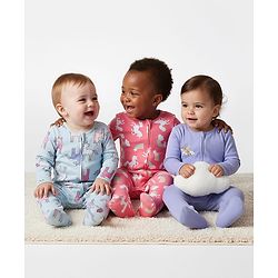 Bonfino 100% Cotton Kit Full Sleeves Footed Sleep Suits with Unicorn & Rainbow Print Pack of 3 - Light Blue Lavender & Pink