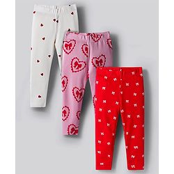 Bonfino 100% Cotton Knit Full Length Heart & Bow Printed Leggings Pack of 3 - Red Light Pink & White