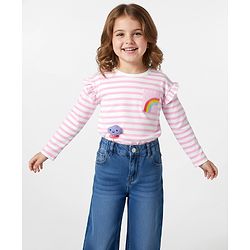 Bonfino 100% Cotton Knit Full Sleeves T-Shirt with Stripes & Rainbow Print - White & Pink