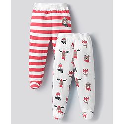 Bonfino 100% Cotton Knit Full Length Diaper Leggings With Stripes & Animal Print Pack Of 2 - Red & White