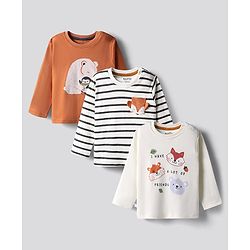 Bonfino 100% Cotton Full Sleeve T-Shirts With Bear & Fox & Stripes Print Pack Of 3 - White & Brown