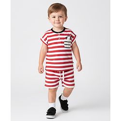 Bonfino 100% Cotton Knit Half Sleeves Striped Henley T-Shirt & Shorts Set with Penguin Print - Red & White