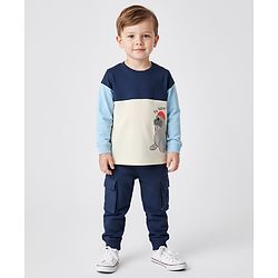 Bonfino 100% Cotton Knit Full Sleeves Colour Block T-shirt & Cargo Jogger Set With Walrus Print - Navy Blue