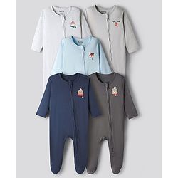 Bonfino 100% Cotton Knit Full Sleeves Footed Sleepsuits with Animal Print Pack of 5 - Grey Melange & Navy Blue