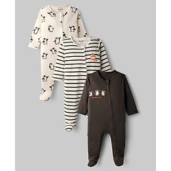 Bonfino 100% Cotton Knit Full Sleeves Striped Footed Sleep Suits with Penguin Print Pack of 3 - Off White Charcoal Grey & White