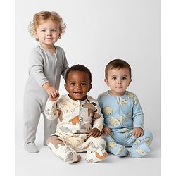 Bonfino 100% Cotton Knit Full Sleeves Footed Sleepsuits with Animal Print Pack of 3 - Grey Light Blue & White