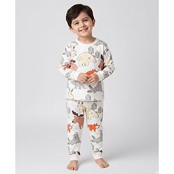 Bonfino 100% Cotton Knit Full Sleeves Co-ords Night Suit with Animal Print - Off White