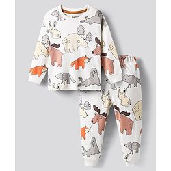 Bonfino 100% Cotton Knit Full Sleeves Co-ords Night Suit with Animal Print - Off White