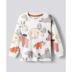 Bonfino 100% Cotton Knit Full Sleeves Co-ords Night Suit with Animal Print - Off White