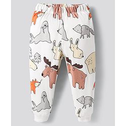 Bonfino 100% Cotton Knit Full Sleeves Co-ords Night Suit with Animal Print - Off White