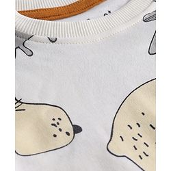 Bonfino 100% Cotton Knit Full Sleeves Co-ords Night Suit with Animal Print - Off White