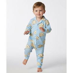 Bonfino 100% Cotton Knit Full Sleeve Front Open Co-Ord Night Suit with Bear Print - Light Blue