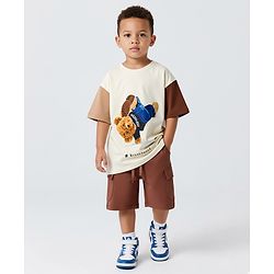 Bonfino 100% Cotton Knit Drop Shoulder Half Sleeves Oversized Colour Block T-Shirt & Cargo Shorts Set With Teddy Print - White & Brown