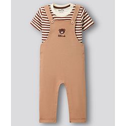 Bonfino 100% Cotton Knit Half Sleeves T-Shirt & Dungaree With Stripes & Bear Embroidery Applique - Brown and White